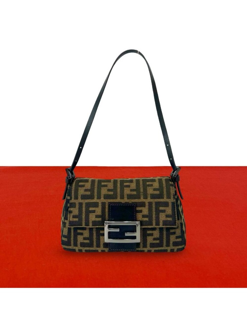 Fendi Vintage Zucca Pattern FF Logo Canvas Leather Handbag Bag Brown